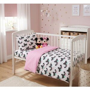 Imagine Set lenjerie 2 piese pentru patut copii Kerstin Pink Mouse, husa pilota 120x90 si fata perna 40x60 cm, design versatil cu doua fete, tesatura moale, inchidere cu fermoar