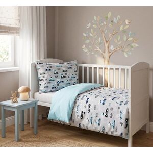 Imagine Set lenjerie 2 piese pentru patut copii Kerstin Bunny drivers, husa pilota 120x90 si fata perna 40x60 cm, design versatil cu doua fete, tesatura moale, inchidere cu fermoar