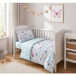 Imagine Set lenjerie 2 piese pentru patut copii Kerstin Fluturasi, husa pilota 120x90 si fata perna 40x60 cm, design versatil cu doua fete, tesatura moale, inchidere cu fermoar