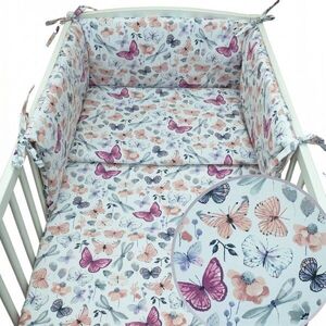 Imagine Set lenjerie de patut 3 piese Kerstin Fluturasi cu husa de pilota, fata de perna si aparatoare laterala 180x30 cm, din bumbac, inchidere cu fermoar, compatibila pautut 120x60 cm
