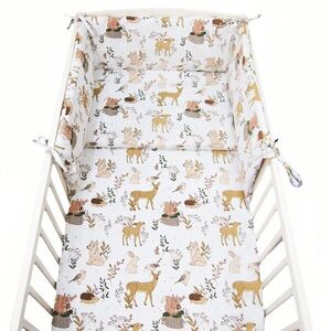 Imagine Set lenjerie de patut 3 piese Kerstin Forest Animals cu husa de pilota, fata de perna si aparatoare laterala 180x30 cm, din bumbac, inchidere cu fermoar, compatibila pautut 120x60 cm