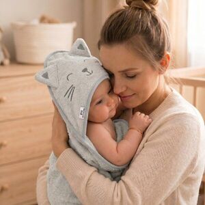 Imagine Prosop din bumbac terry pentru copii Bocioland Kitty Grey 95x95 cm, gluga brodata, urechi decorative, 100 bumbac
