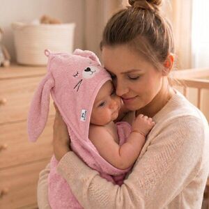 Imagine Prosop din bumbac terry pentru copii Bocioland Bunny Pink 95x95 cm, gluga brodata, urechi decorative, 100 bumbac