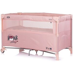 Imagine Patut pliabil Chipolino Relax Tiger Powder Pink cu laterala culisanta, 2 nivele, intrare laterala, geanta pentru transport, greutate admisa 15 kg