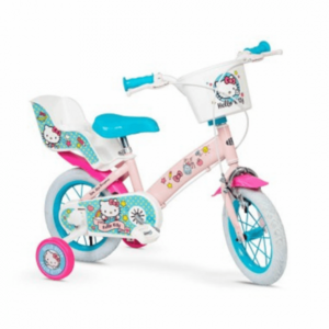 Imagine Bicicleta pentru copii Toimsa Hello Kitty 12 inch, varsta 3-5 ani, inaltime 85-100 cm, reglabila, cos frontal si scaun pentru papusi, roti ajutatoare
