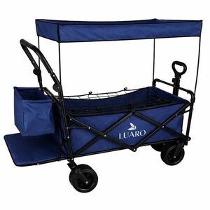 Imagine Carucior pliabil de transport universal Ikonka Bleumarin XL, cu copertina, roti PVC, pana la 120 kg, maner reglabil, cadru otel tubular