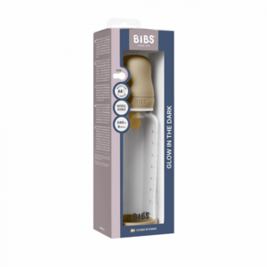 Imagine Set complet biberon fosforescent din sticla anticolici cu tetina din latex, flux mediu, 240 ml, Bibs Vanilla Glow