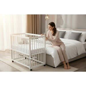 Imagine Patut co-sleeper Qmini Dalia Alb, multifunctional, 90x50 cm, din lemn de pin, reglabil pe orice treapta de inaltime la patul parintilor, sistem de ancorare si roti cu frana incluse