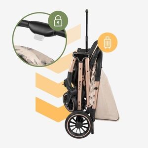 Imagine Carucior sport copii Tulano Lagos 35 Beige Gold cu pliere compacta tip troller, husa picioare impermeabila si suport pahar incluse, roti pivotante cu suspensii integrate, parasolar XXL, greutate admisa 15 kg