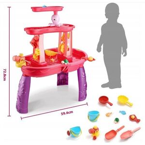 Imagine Masuta de activitati pentru apa si nisip Matadi Pink, cu stropitoare, galeata, lopeti si forme, dimensiune 72.8 x 34 x 59.4 cm