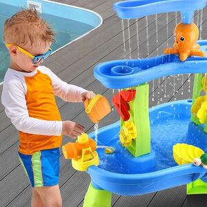 Imagine Set masa interactiva de apanisip 2in1 cu umbrela si cascada electrica Matadi Waterfall Blue cu jucarii incluse, moara de apa, cascada, lansator de mingii si figurine