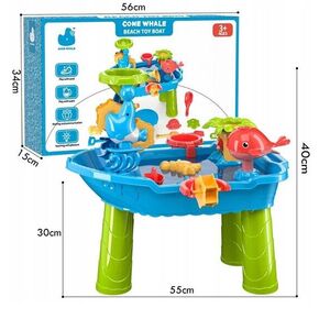 Imagine Masa interactiva de apa si nisip pentru copii Matadi Boat Blue cu morisca, scaunel si jucarii nisip incluse, dimensiune 55x30x40 cm