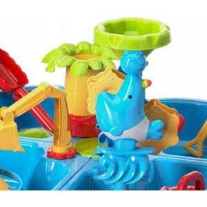 Imagine Masuta de joaca 2in1 pentru apa si nisip Matadi cu 4 cuve, scaunel si cupa excavator, moara de apa, jucarii incluse, dimensiune 58x58x60 cm