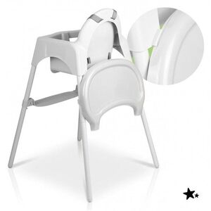 Imagine Scaun de masa pentru bebelusi Malplay Keri White, 2 in 1, prevazut cu tavita dubla detasabila, centuri de siguranta, suport reglabil pentru picioare