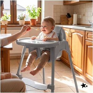 Imagine Scaun de masa pentru bebelusi Malplay Keri Grey, 2 in 1, prevazut cu tavita dubla detasabila, centuri de siguranta, suport reglabil pentru picioare