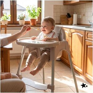 Imagine Scaun de masa pentru bebelusi Malplay Keri Sand, 2 in 1, prevazut cu tavita dubla detasabila, centuri de siguranta, suport reglabil pentru picioare