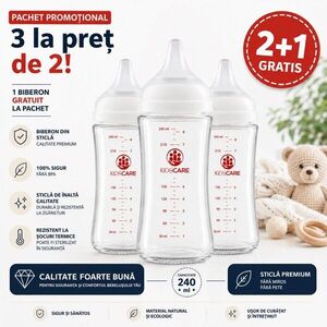 Imagine Pachet 3 biberoane din sticla borosilicata KidsCare cu tetina din silicon 3 x 240 ml