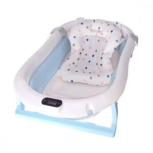 Imagine Cadita pliabila pentru bebelusi KidsCare Albastra cu suport metalic, termometru, perna reductor, jucarii, protectie cap, cana pliabila