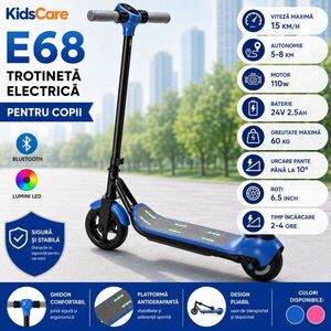 Imagine Trotineta electrica pentru copii KidsCare E68 Albastru, motor 110W, baterie 24V 2.5 Ah, viteza 15 kmh, bluetooth si lumini