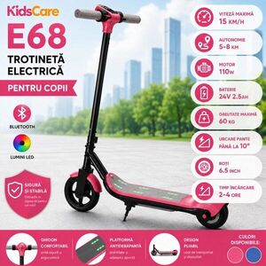 Imagine Trotineta electrica pentru copii KidsCare E68 Roz, motor 110W, baterie 24V 2.5 Ah, viteza 15 kmh, bluetooth, lumini