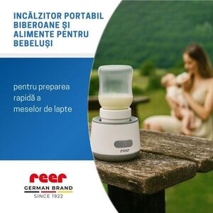 Imagine Incalzitor portabil biberoane si alimente pentru bebelusi, 4 trepte temperatura 37-50C, acumulator cu incarcare USB-C, 3 adaptoare biberon incluse, afisaj temperatura, timer cu oprire automata, Reer Heat2Go