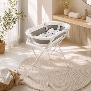 Imagine Cadita de baie pliabila Qmini Foldy Pro AlbGri, cu suport metalic si pernuta de baie, termometru electronic, dop si furtun pentru scurgere, antiderapanta, 80x49 cm
