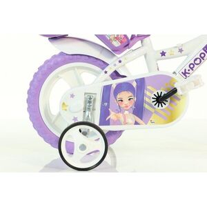 Imagine Bicicleta pentru copii Dino Bikes K-Pop 12 inch, inaltime utilizator 87-110 cm, sa si ghidon reglabile, roti ajutatoare, aparatoare lant, cosulet pentru cumparaturi si scaunel pentru papusa, greutate admisa 40 kg