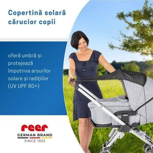 Imagine Copertina solara pentru carucior, protectie UV UPF 80+, parasolar universal reglabil, protectie vant si ploaie usoara, prindere elastica universala, montare rapida, Reer ShineSafe negru