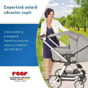 Imagine Copertina solara pentru carucior, protectie UV UPF 80+, parasolar universal reglabil, protectie vant si ploaie usoara, prindere elastica universala, montare rapida, Reer ShineSafe gri melange