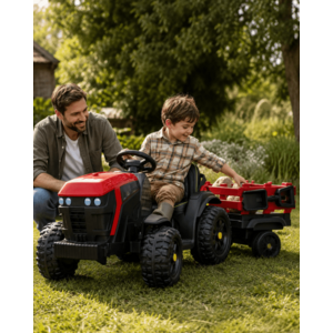 Imagine Tractor electric pentru copii Farmer Rosu, 12V, cu remorca detasabila, telecomanda 2.4G, roti EVA, scaun piele, 3-6 ani