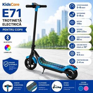 Imagine Trotineta electrica pentru copii KidsCare E71 Albastru, motor 110W, baterie 24V 2.5Ah, viteza 12-15 kmh, bluetooth, lumini
