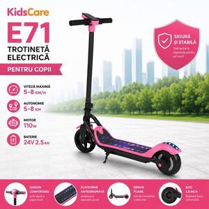 Imagine Trotineta electrica pentru copii KidsCare E71 Roz, motor 110W, baterie 24V 2.5Ah, viteza 12-15 kmh, bluetooth, lumini