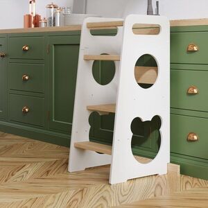 Imagine Turn de invatare din lemn pentru copii, Teddy WhitePine, design montessori, robust, margini rotunjite, cu platforma si trepte reglabile, dimensiune 90 x 44 x 39.5 cm
