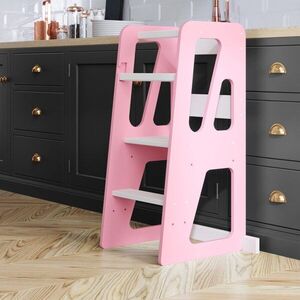 Imagine Turn de invatare din lemn pentru copii Triangle PinkWhite, design montessori, robust, margini rotunjite, cu platforma si trepte reglabile, dimensiune 90 x 44 x 39.5 cm