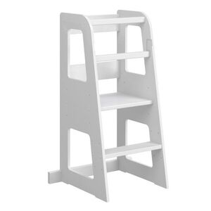 Imagine Turn de invatare din lemn pentru copii Standard White, design montessori, robust, margini rotunjite, cu platforma si trepte reglabile, dimensiune 90 x 44 x 39.5 cm