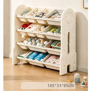 Imagine Organizator pentru copii Nichiduta Garden Space White, cu rafturi deschise, pe 4 nivele echipat cu 8 cutii mici si 6 cutii mari, margini rotunjite, dimensiune 105 x 33 x 85 cm