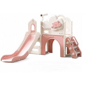 Imagine Spatiu de joaca pentru copii Nichiduta Garden Sky Bear 3 PinkWhite, cu tobogan ergonomic, scari antiderapante, tunel de trecere, inel de baschet, zona de observare cu telescop integrat, dimensiune 155 x 98 x 135 cm