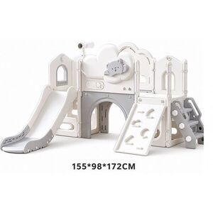 Imagine Spatiu de joaca pentru copii Nichiduta Garden Sky Bear 10 GreyWhite, cu tobogan lung, inel de baschet, zona de observare cu telescop integrat, panou de escalada, dimensiune 155 x 98 x 172 cm