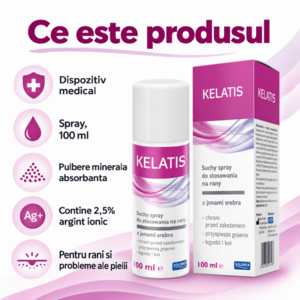 Imagine Spray pentru rani Solinea Kelatis, pulbere minerala absorbanta cu 2, 5 argint ionic, dispozitiv medical, 100 ml