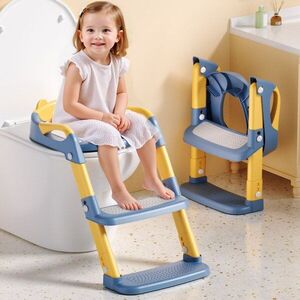 Imagine Reductor de toaleta pentru copii Little Mom GreyWhite, pliabil, cu trepte antiderapante, cu manere ergonomice, colac din PU, design anti-stropire, compatibilitate universala