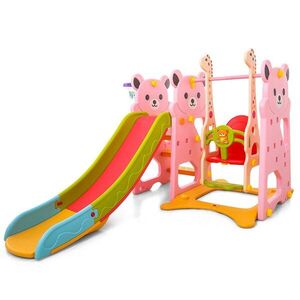 Imagine Spatiu de joaca Nichiduta Garden Little Bear Pink 3 in 1 cu Cos de baschet, Leagan cu protectie bebelusi, Tobogan cu trepte late, inaltime reglabila si protectii laterale