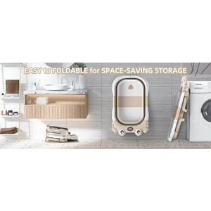 Imagine Cadita ultra-pliabila pentru copii Little Mom Beige Crab, termometru digital LCD, dop de scurgere, picioruse antiderapante, 68.5 x 43 x 23 cm, si Hamac ergonomic inclus