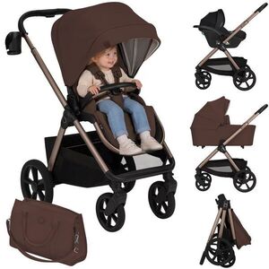 Imagine Carucior 3 in 1 Lionelo Carmine Ciocolatiu, cu scoica ADAC, landou anti-reflux, salteluta ventilata, reglare spatar in 3 pozitii, suport de picioare in 3 pozitii, maner reglabil in 5 pozitii, sustine 22 kg, cu accesorii