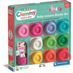 Imagine Clementoni - Set de joaca educational Soft Clemmy Unicorn cu 10 cuburi de constructie moi si lavabile
