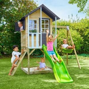Imagine Casuta de gradina TP TOYS, Bluebell Cottage, cu platforma cu loc pentru nisip, tobogan si leagan simplu, lemn, negru/maro/alb