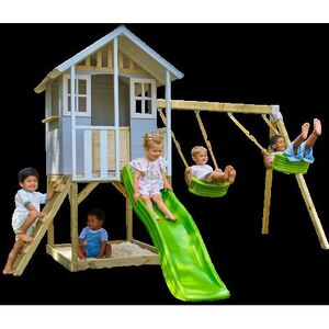 Imagine Casuta de gradina TP TOYS, Snowdrop Cottage, cu platforma cu loc pentru nisip, tobogan si leagan dublu, lemn, gri/maro/alb