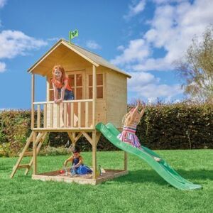 Imagine Casuta de gradina TP TOYS, HILLTOP, cu platforma cu loc de nisip si tobogan, lemn, natur