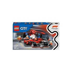 Imagine Lego City. Boxa si mecanici F1 cu masina Ferrari