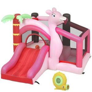 Imagine AIYAPLAY Castel Gonflabil pentru Copii 4 în 1, Tobogan, Trambulină, Piscină cu Bile, Coș de Baschet, Mingi de Baschet, Tematică Flamingo, Ventilator, Geantă de Transport, Interior Exterior, 255x230x196cm, Roz | Aosom Romania