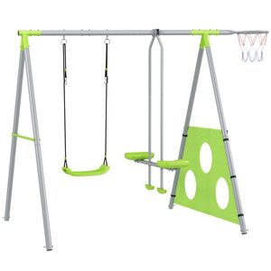 Imagine AIYAPLAY Leagăn de Grădină 4 în 1 pentru Copii cu Coș de Baschet și Poartă de Fotbal, 215x180x182 cm, Verde | Aosom Romania